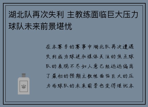 湖北队再次失利 主教练面临巨大压力球队未来前景堪忧