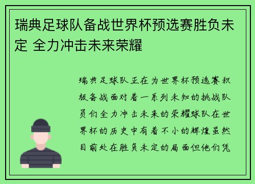 瑞典足球队备战世界杯预选赛胜负未定 全力冲击未来荣耀