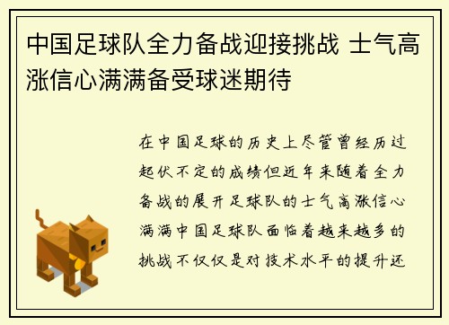 中国足球队全力备战迎接挑战 士气高涨信心满满备受球迷期待